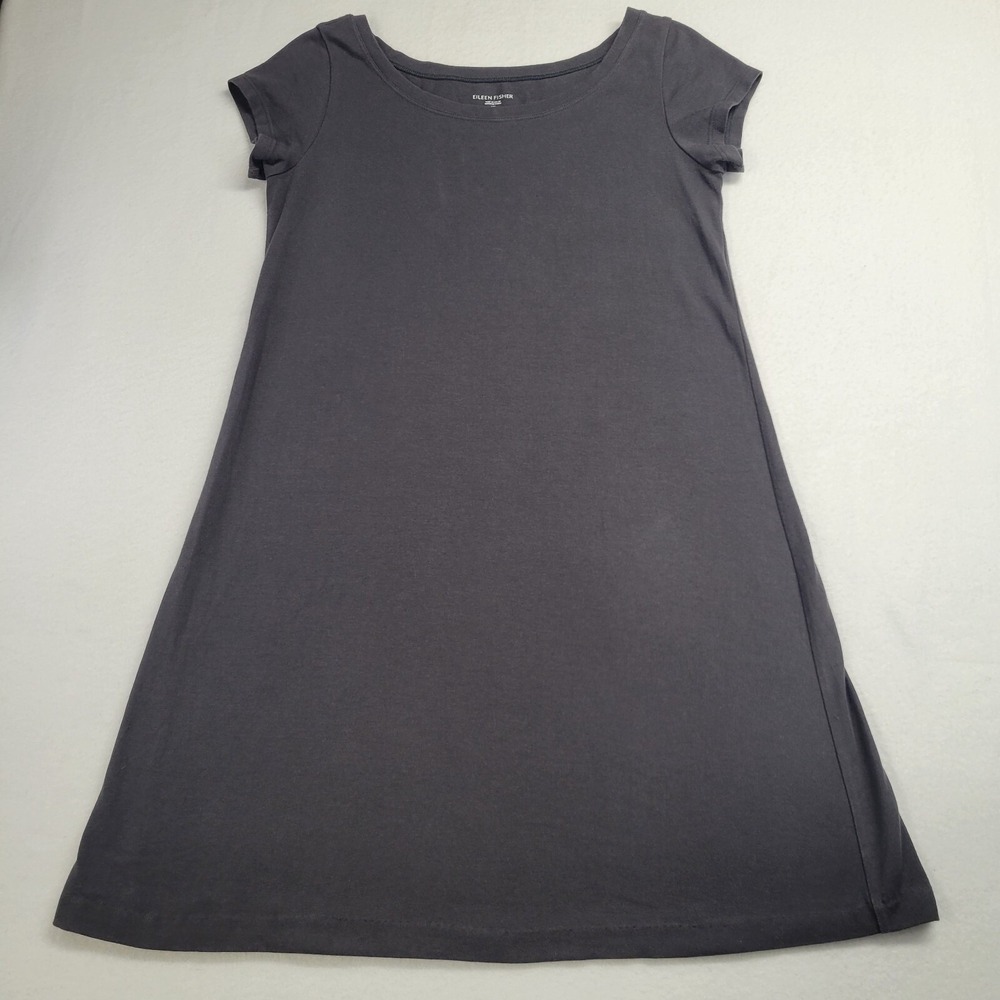 Eileen Fisher Charcoal Gray Short Sleeve A-Line Knit Dress XS Mini Scoop Neck